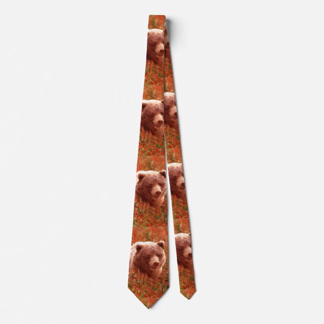 Grizzly Bear Cub in Fireweed Painting Wildlife Art Neck Tie (Front)