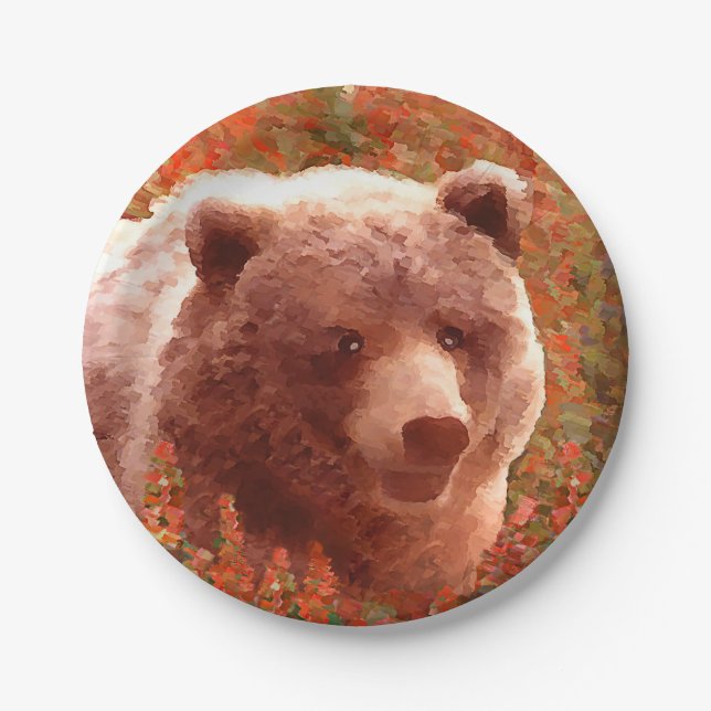 Grizzly Bear Cub in Fireweed Painting Wildlife Art Paper Plates (Front)
