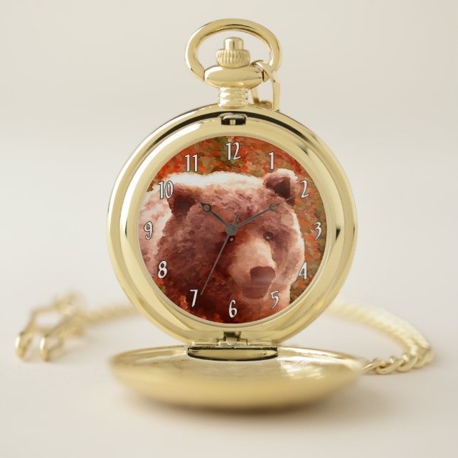 Grizzly Bear Cub in Fireweed Painting Wildlife Art Pocket Watch (Inside)
