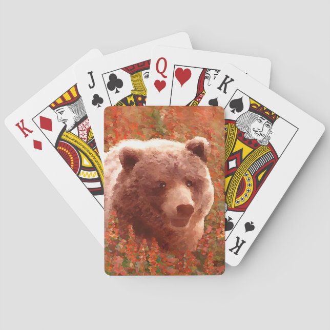 Grizzly Bear Cub in Fireweed Painting Wildlife Art Poker Cards (Back)