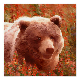 Grizzly Bear Cub in Fireweed Painting Wildlife Art Poster