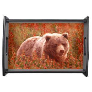 Grizzly Bear Cub in Fireweed Painting Wildlife Art Serving Tray