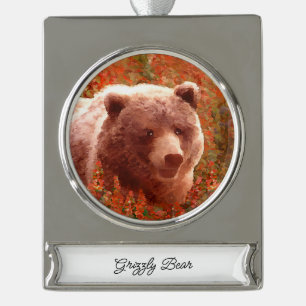 Grizzly Bear Cub in Fireweed Painting Wildlife Art Silver Plated Banner Ornament