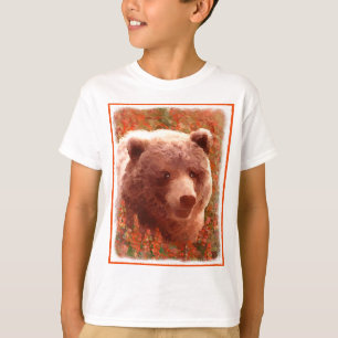 Grizzly Bear Cub in Fireweed Painting Wildlife Art T-Shirt