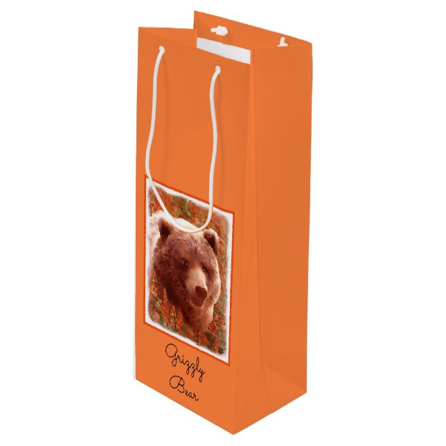 Grizzly Bear Cub in Fireweed Painting Wildlife Art Wine Gift Bag (Front Angled)