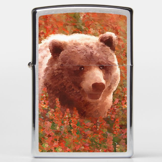 Grizzly Bear Cub in Fireweed Painting Wildlife Art Zippo Lighter (Front)