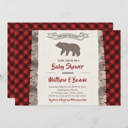 Grizzly Bear Cub Winter Plaid Baby Shower Invitation