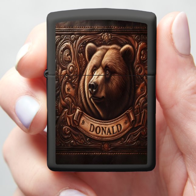 Grizzly Bear Donald carved Leather Carving Zippo Lighter (In Hand)