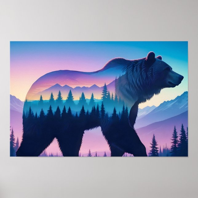 Grizzly Bear Double Exposure Animal Nature Outdoor Poster (Front)
