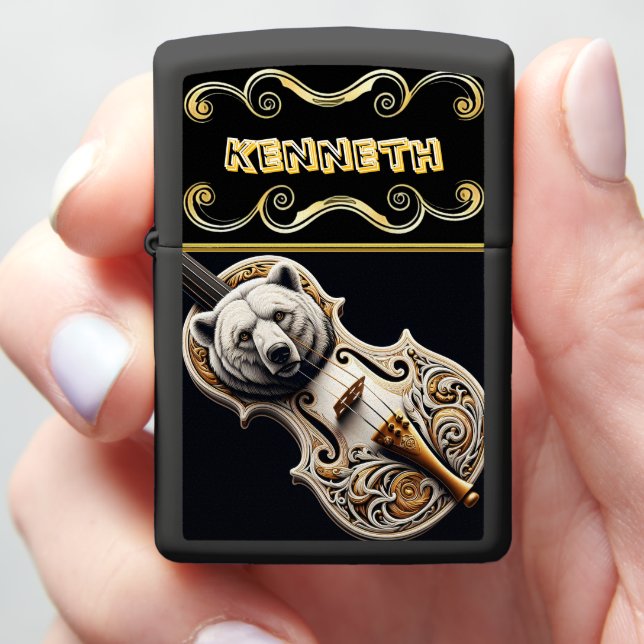 Grizzly Bear Engraved on White Violin Zippo Lighter (In Hand)