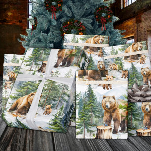 Grizzly Bear Family Roam A Winter Woodland Forest Wrapping Paper