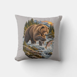 Grizzly Bear Fishing for Salmon Mountain River Throw Pillow