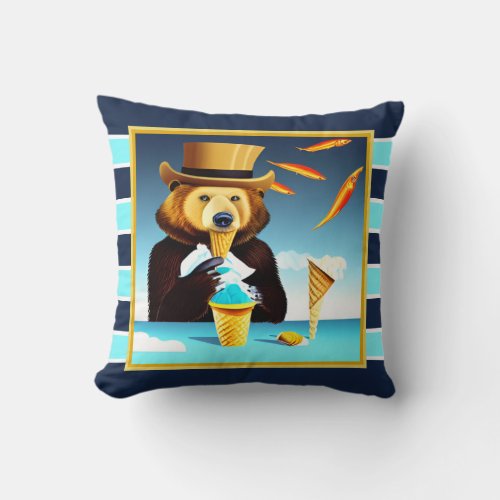 Grizzly Bear Hat Eating Ice Cream Surrealist Art Throw Pillow