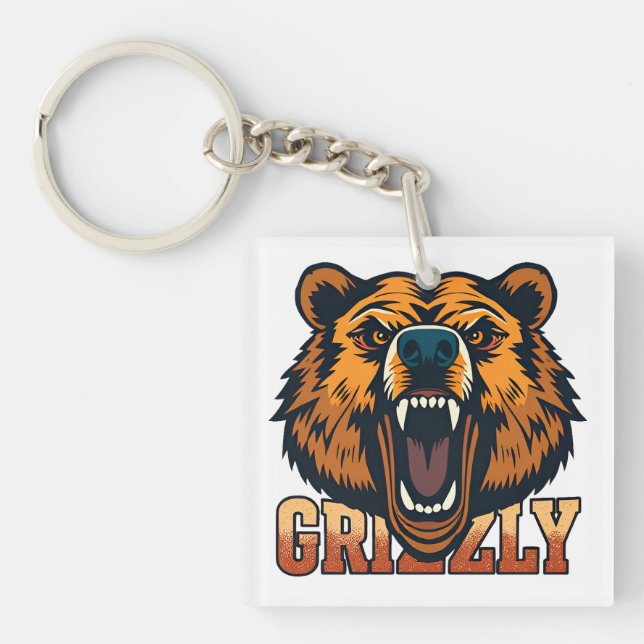 Grizzly Bear Head Emphasizing Power Keychain (Front)