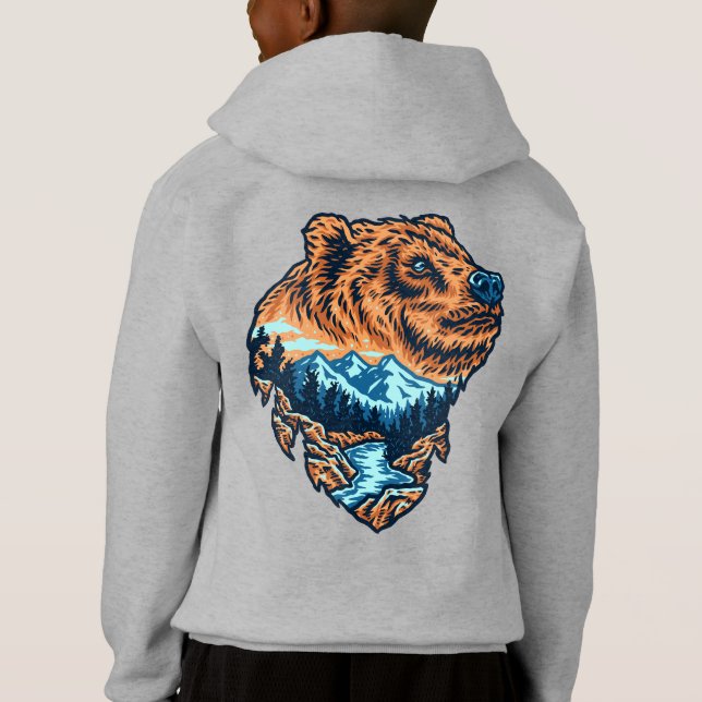 Grizzly Bear Head Silhouette Mountain Forest River Hoodie (Back)