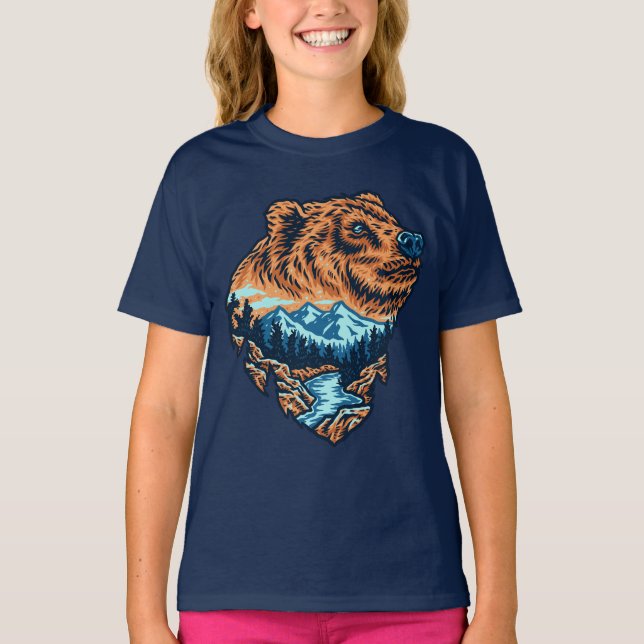Grizzly Bear Head Silhouette Mountain Forest River T-Shirt (Front)