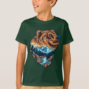 Grizzly Bear Head Silhouette Mountain Forest River T-Shirt