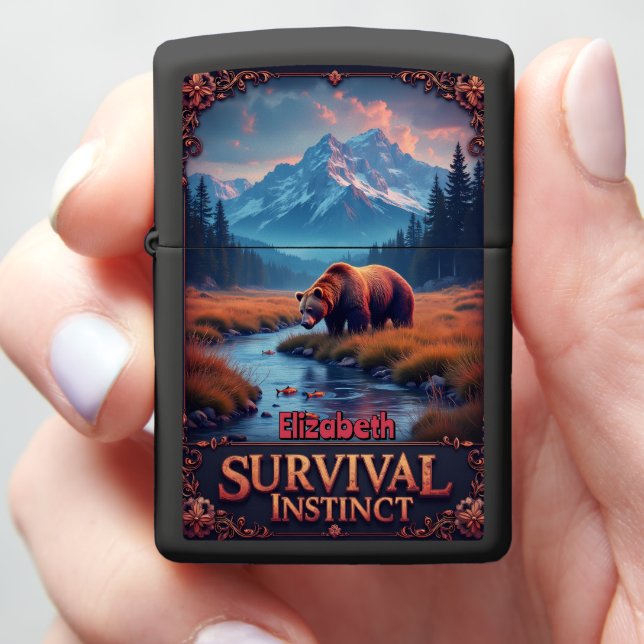 Grizzly Bear Hunting: Survival Instinct Fishing Zippo Lighter (In Hand)