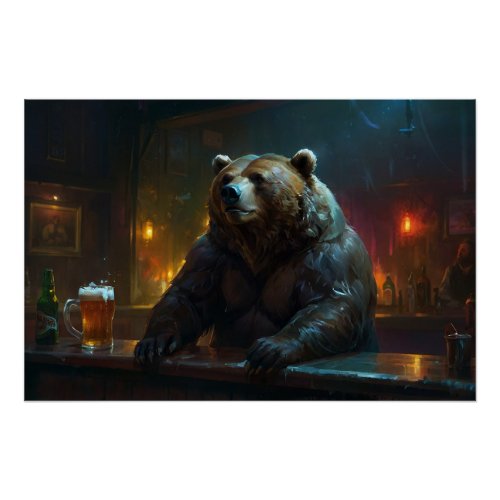 Grizzly Bear in a Bar Wildlife Design Poster