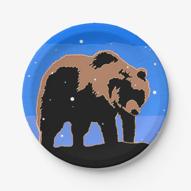Grizzly Bear in Winter  - Original Wildlife Art Paper Plates (Front)