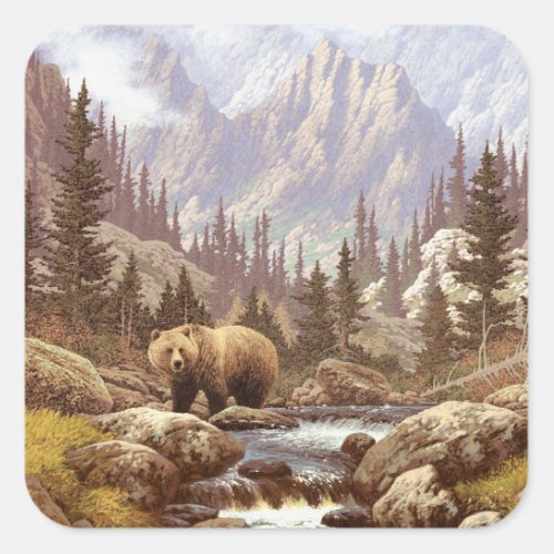 Grizzly Bear Landscape Square Stickers