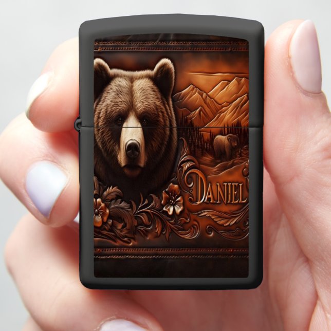 Grizzly Bear Leather Art Zippo Lighter (In Hand)