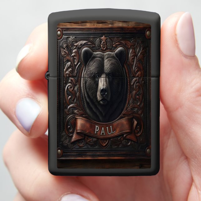 Grizzly Bear Leather Artwork Zippo Lighter (In Hand)