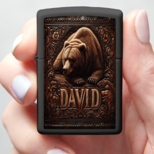 Grizzly Bear Leather Artwork Zippo Lighter