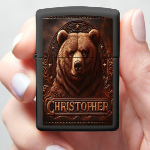 Grizzly Bear Leather Carving Christopher Zippo Lighter