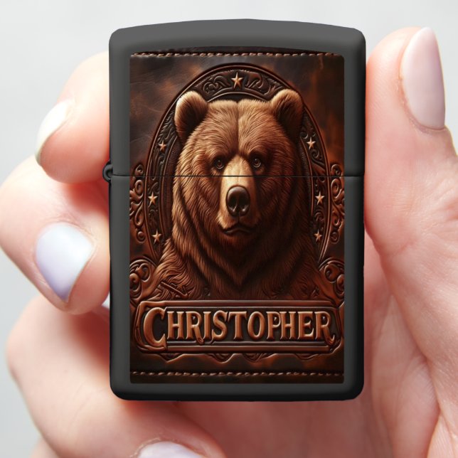 Grizzly Bear Leather Carving Christopher Zippo Lighter (In Hand)