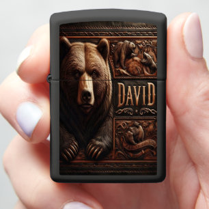 Grizzly Bear Leather Carving Zippo Lighter