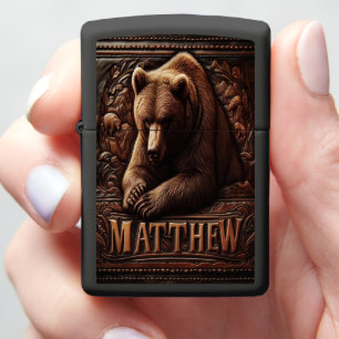 Grizzly Bear Leather Carving Zippo Lighter