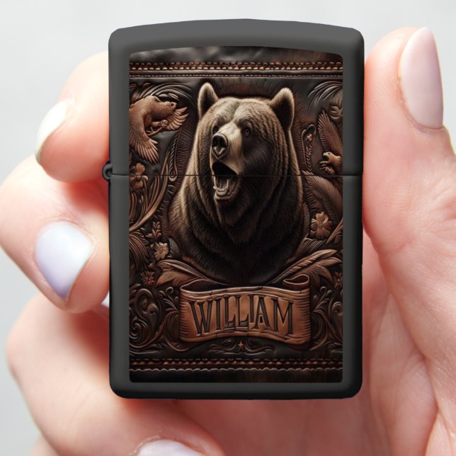 Grizzly Bear Leather Carving Zippo Lighter (In Hand)