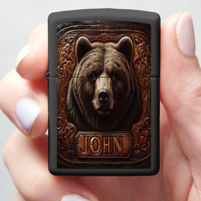 Grizzly Bear Leather Carving Zippo Lighter (In Hand)