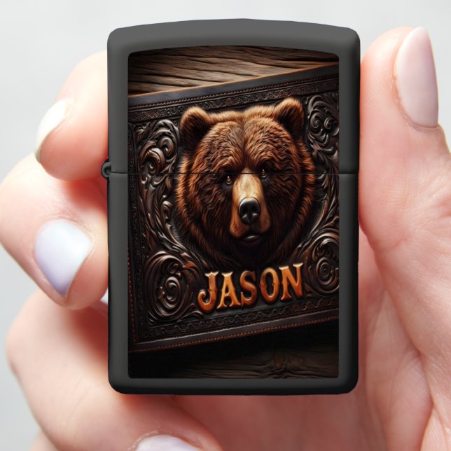 Grizzly Bear Leather Carving Zippo Lighter (In Hand)