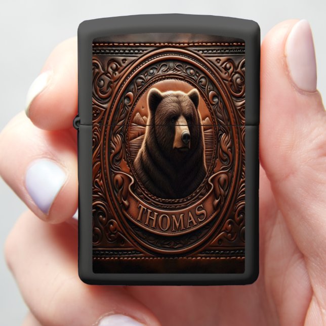 Grizzly Bear Leather Carving Zippo Lighter (In Hand)
