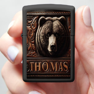 Grizzly Bear Leather Carving Zippo Lighter