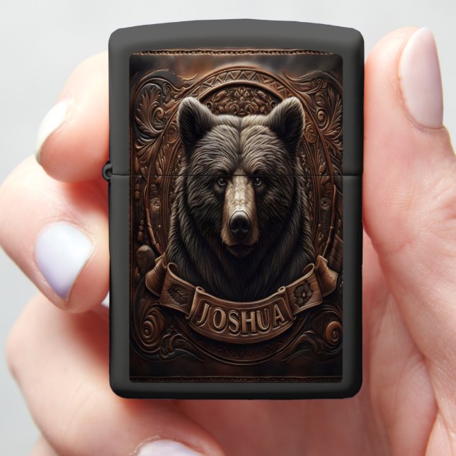 Grizzly Bear Leather Carving Zippo Lighter (In Hand)