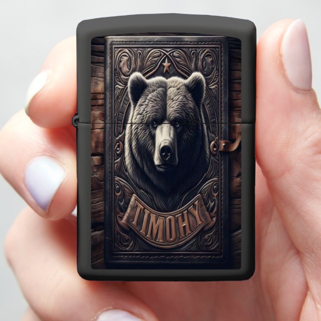 Grizzly Bear Leather Carving Zippo Lighter (In Hand)