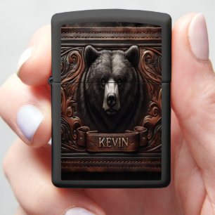Grizzly Bear Leather Portrait Zippo Lighter