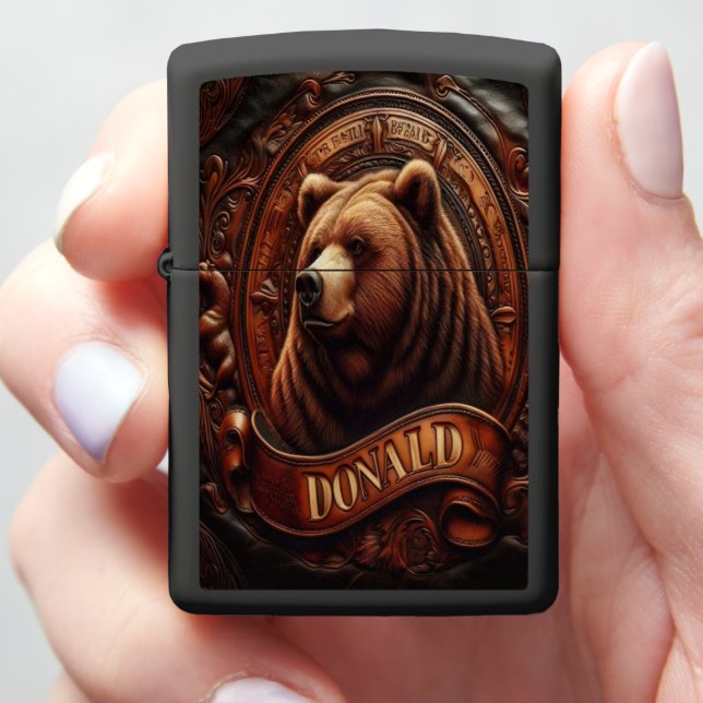 Grizzly Bear Leather Portrait Zippo Lighter (In Hand)