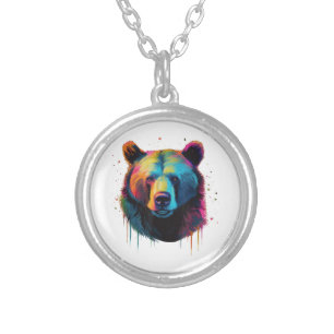 Grizzly Bear Lovers Pop Art Big Grizzly Bear Silver Plated Necklace