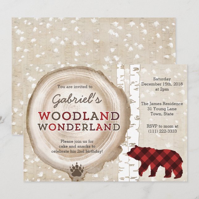 Grizzly bear lumberjack plaid birthday party invitation (Front/Back)