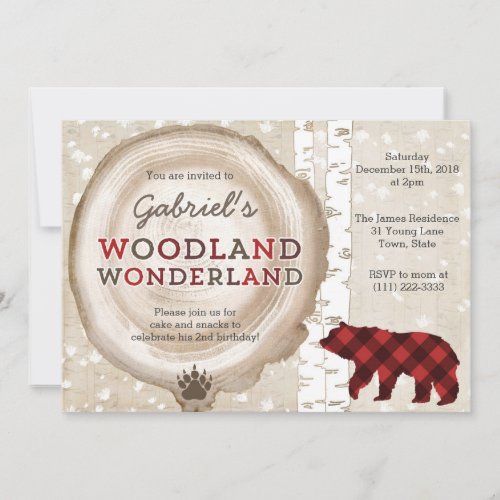 Grizzly bear lumberjack plaid birthday party invitation