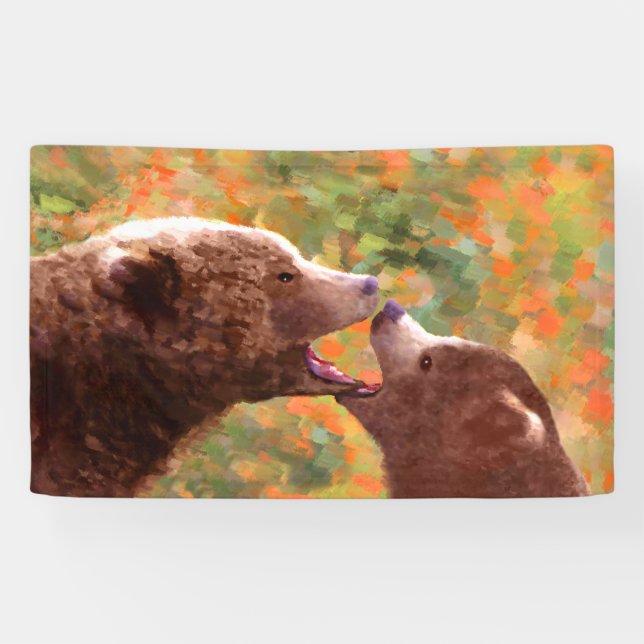 Grizzly Bear Mom and Cub Painting - Wildlife Art Banner (Horizontal)