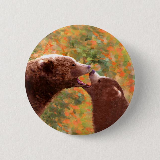 Grizzly Bear Mom and Cub Painting - Wildlife Art Button (Front)