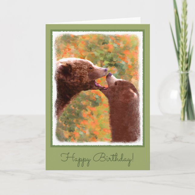 Grizzly Bear Mom and Cub Painting - Wildlife Art Card (Front)