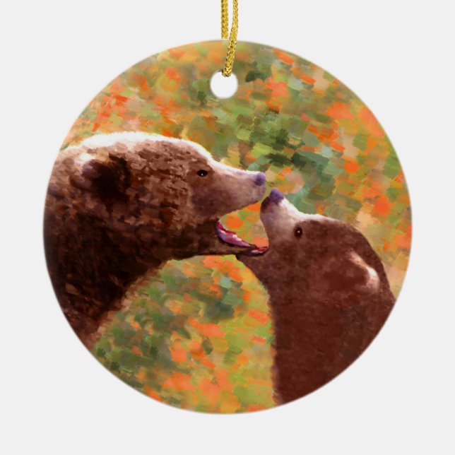Grizzly Bear Mom and Cub Painting - Wildlife Art Ceramic Ornament (Front)