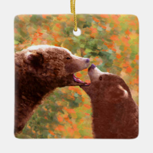 Grizzly Bear Mom and Cub Painting - Wildlife Art Ceramic Ornament