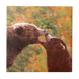 Grizzly Bear Mom and Cub Painting - Wildlife Art Ceramic Tile